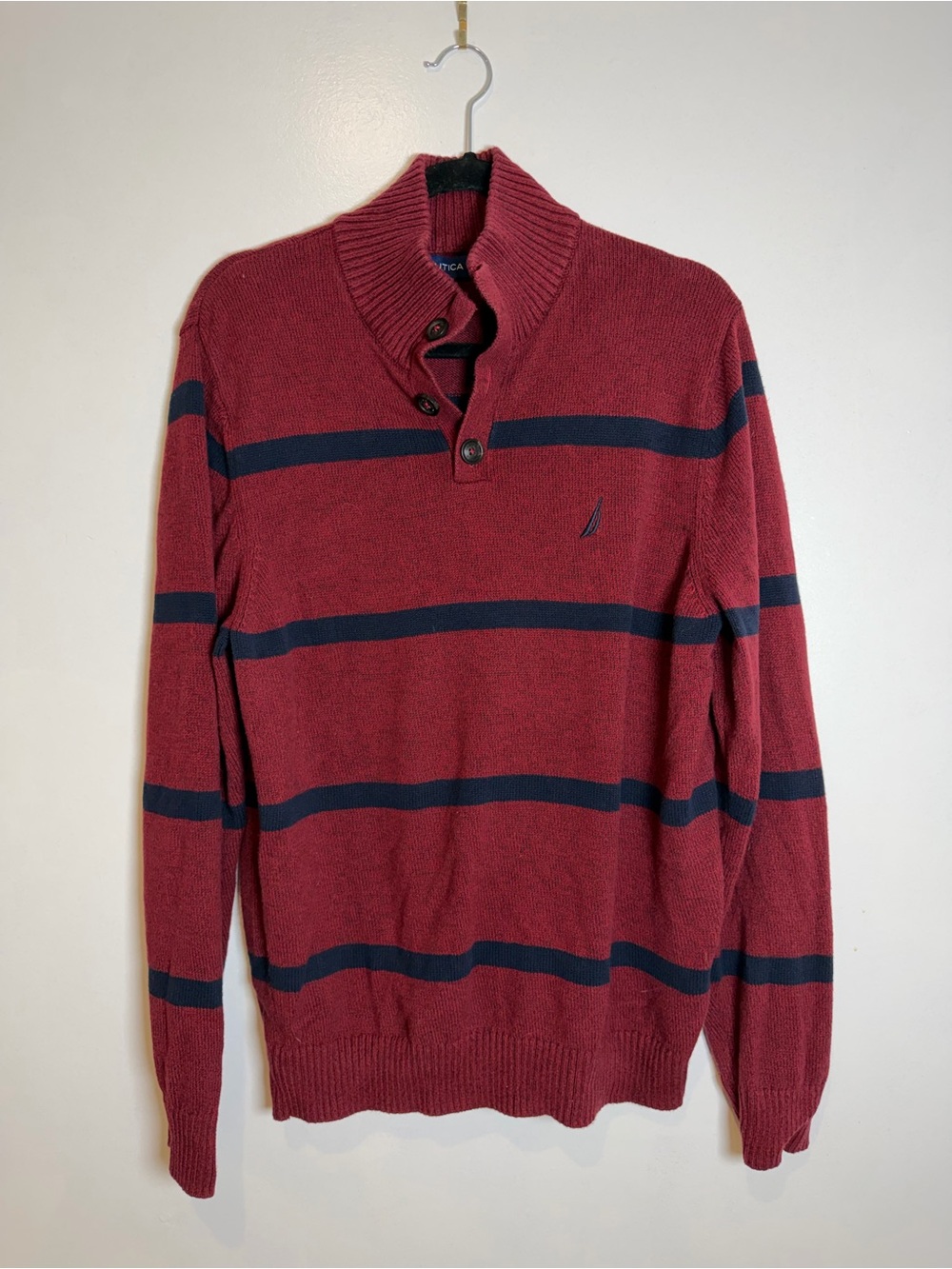 Nautica Men's Burgundy Turtleneck Sweater with Navy Stripes
